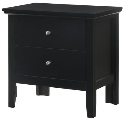 The Primo - Nightstand is a black wooden piece with two drawers, each fitted with a small round silver knob, and stands on four legs.