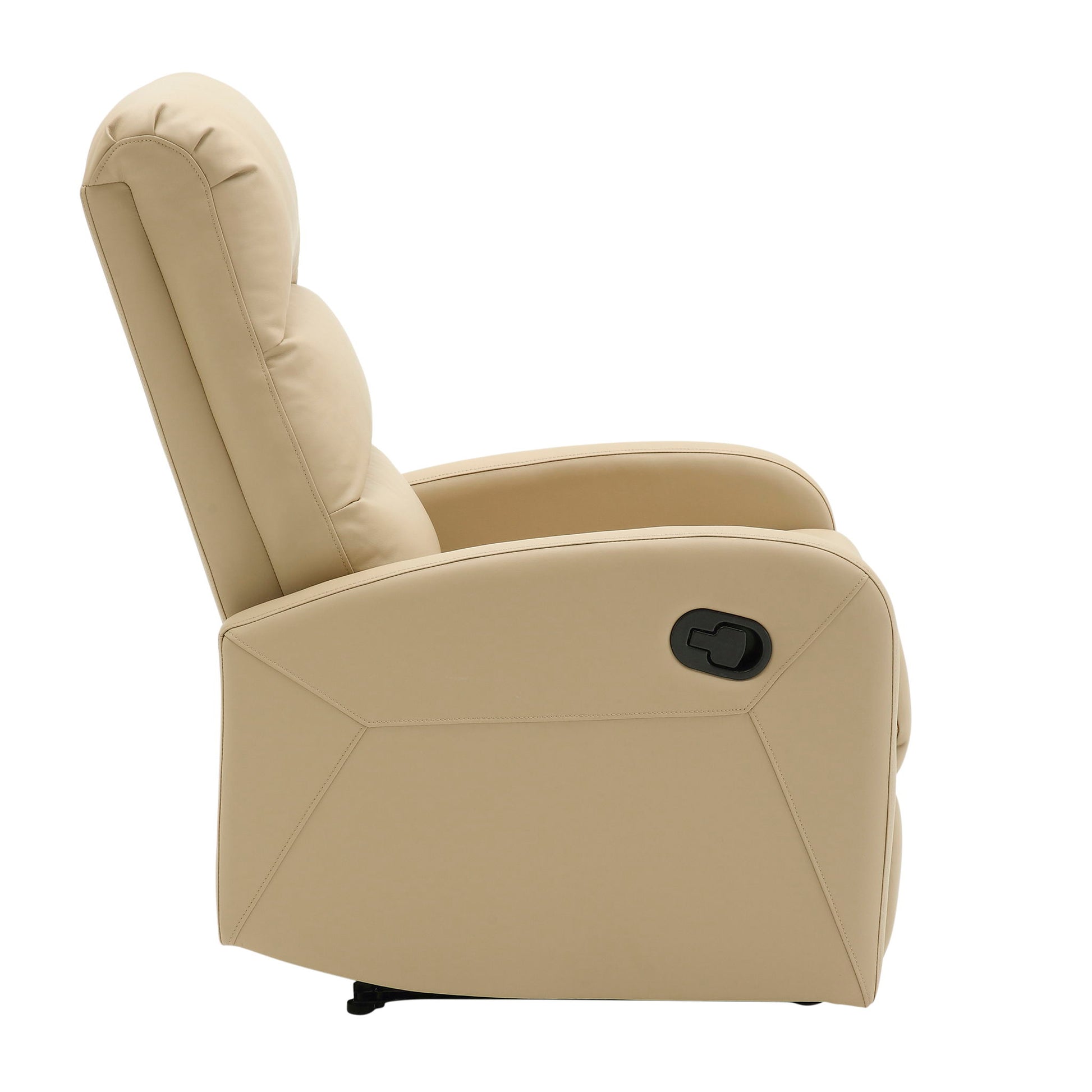 Side view of the Dormi - Contemporary Recliner Chair in beige upholstery, featuring a padded backrest, armrests, and a black lever on the side for easy reclining adjustment.