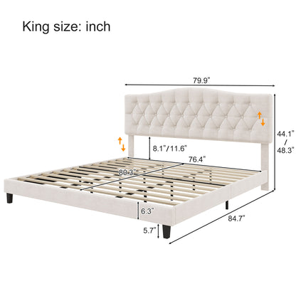 King Upholstered Platform Bed With Curved Adjustable Headboard And Diamond Tufted Details, No Box Spring Needed - Beige