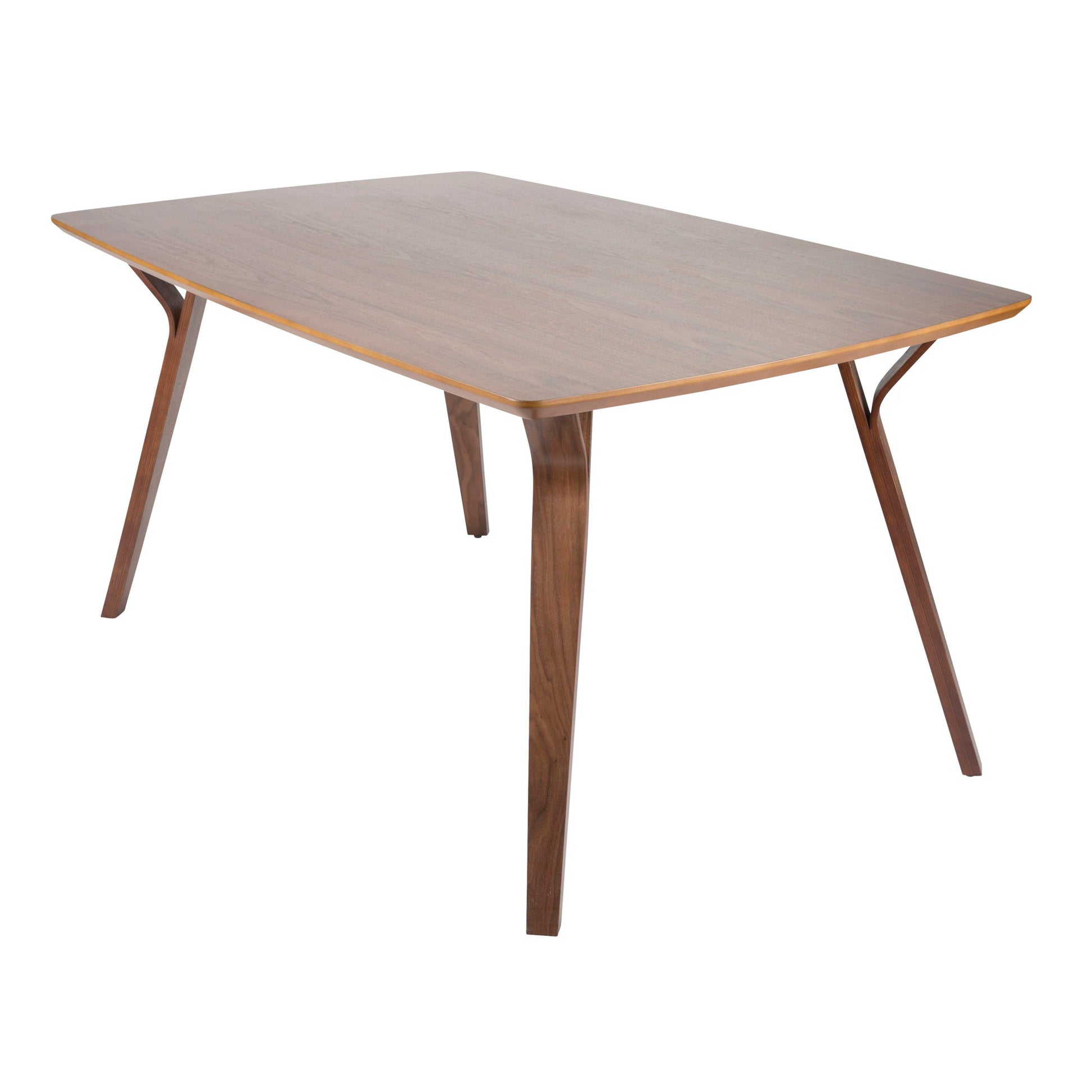 The Folia - Mid Century Modern Dining Table features a rectangular wooden top, smooth surface, and four angled legs, showcasing a minimalist and modern design.