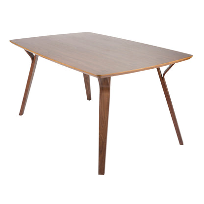 The Folia - Mid Century Modern Dining Table features a rectangular wooden top, smooth surface, and four angled legs, showcasing a minimalist and modern design.
