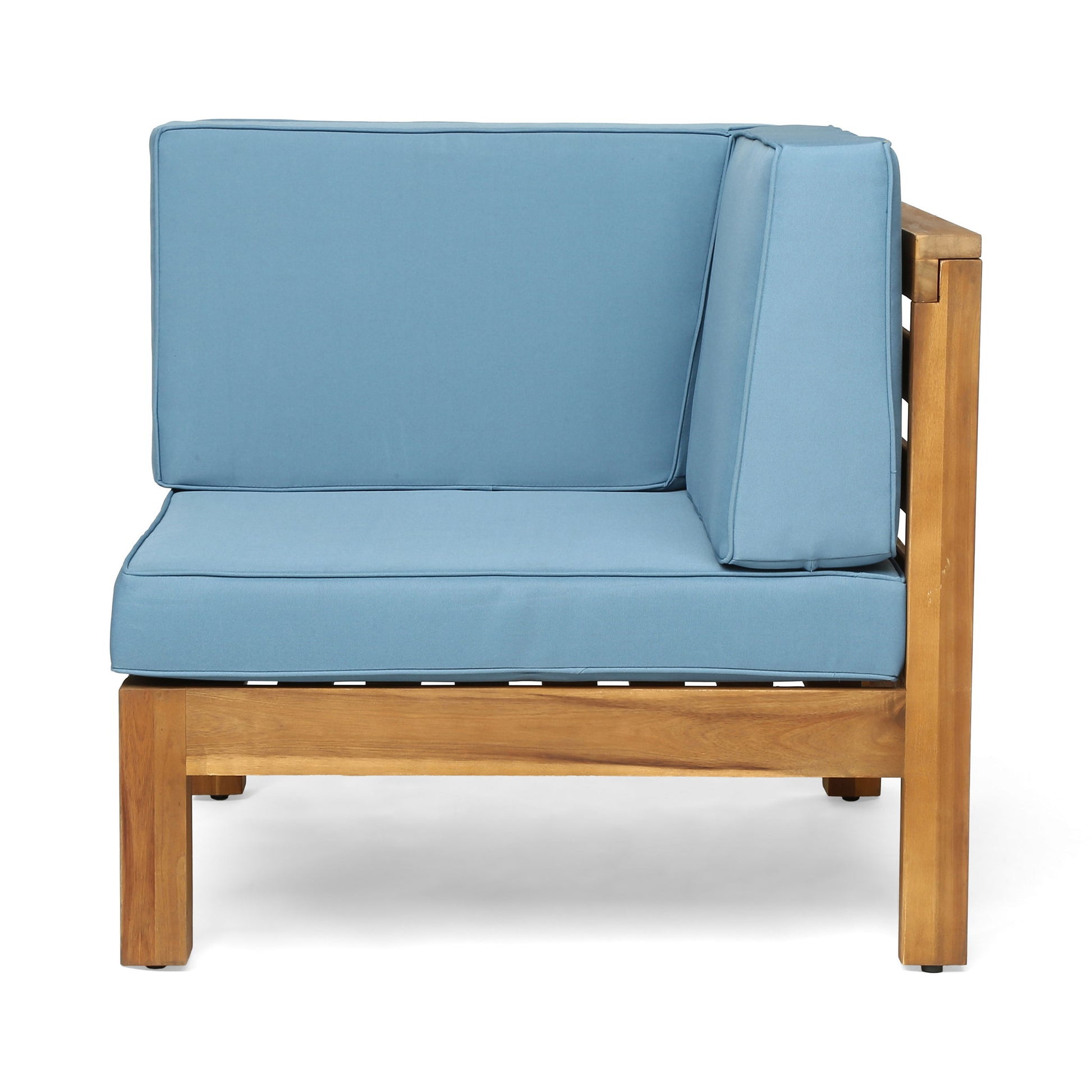The Oana 2 Piece Loveseat Set features a wooden frame and thick, light blue water-resistant seat and back cushions, shown against a white background.