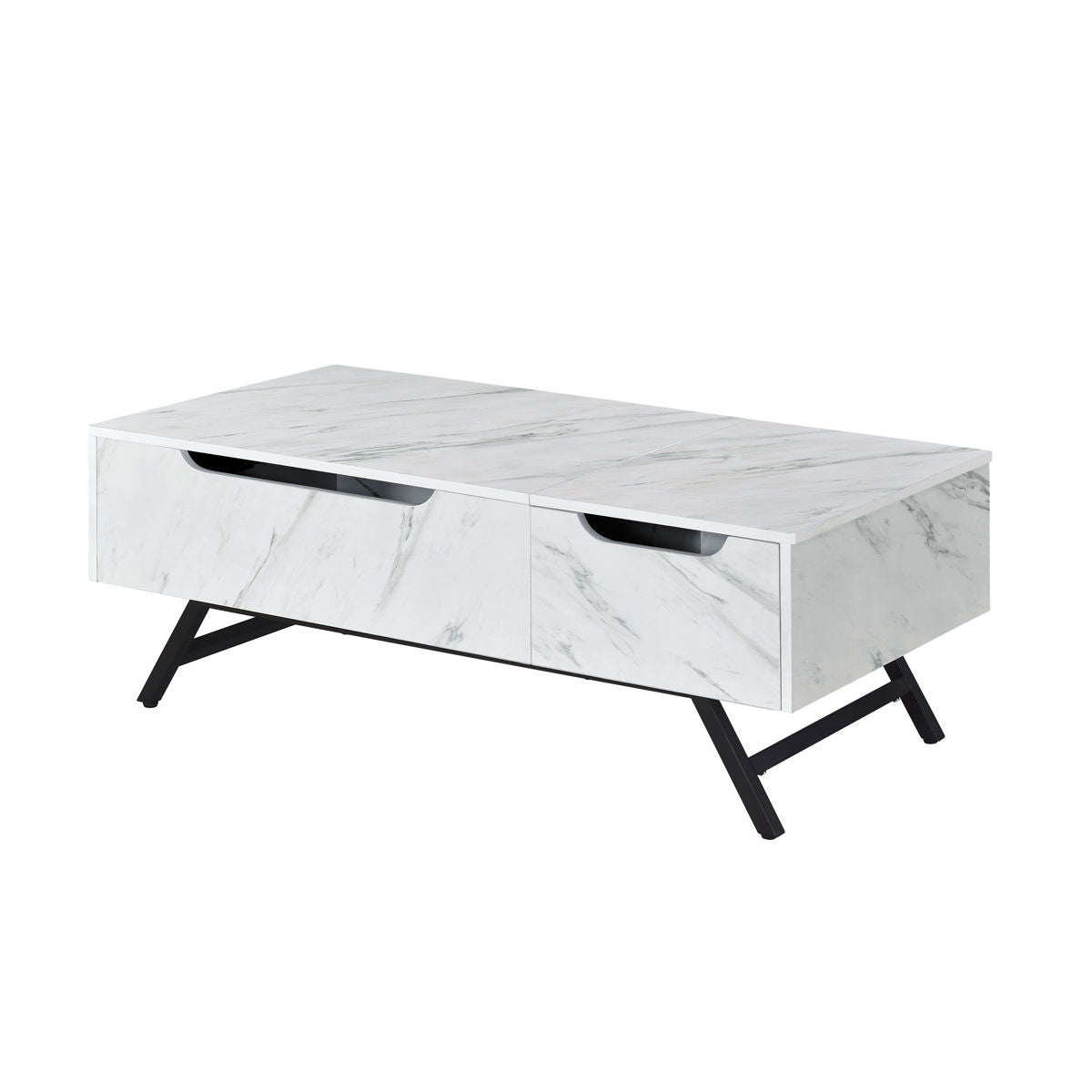 The Throm Coffee Table features a modern design with a white marble-like surface and black angled legs, complemented by two storage drawers with cut-out handles for easy access.