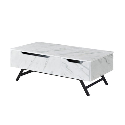 The Throm Coffee Table features a modern design with a white marble-like surface and black angled legs, complemented by two storage drawers with cut-out handles for easy access.