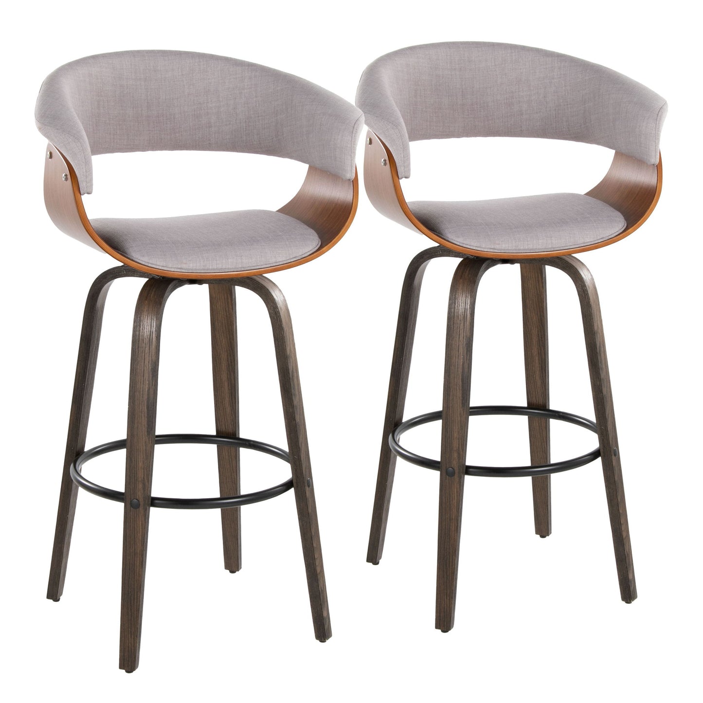 Set of 2 Vintage Mod Mid Century Modern barstools feature curved wooden backs, light gray upholstered seats and backs, dark wood legs, and black metal round footrests, shown against a plain white background.