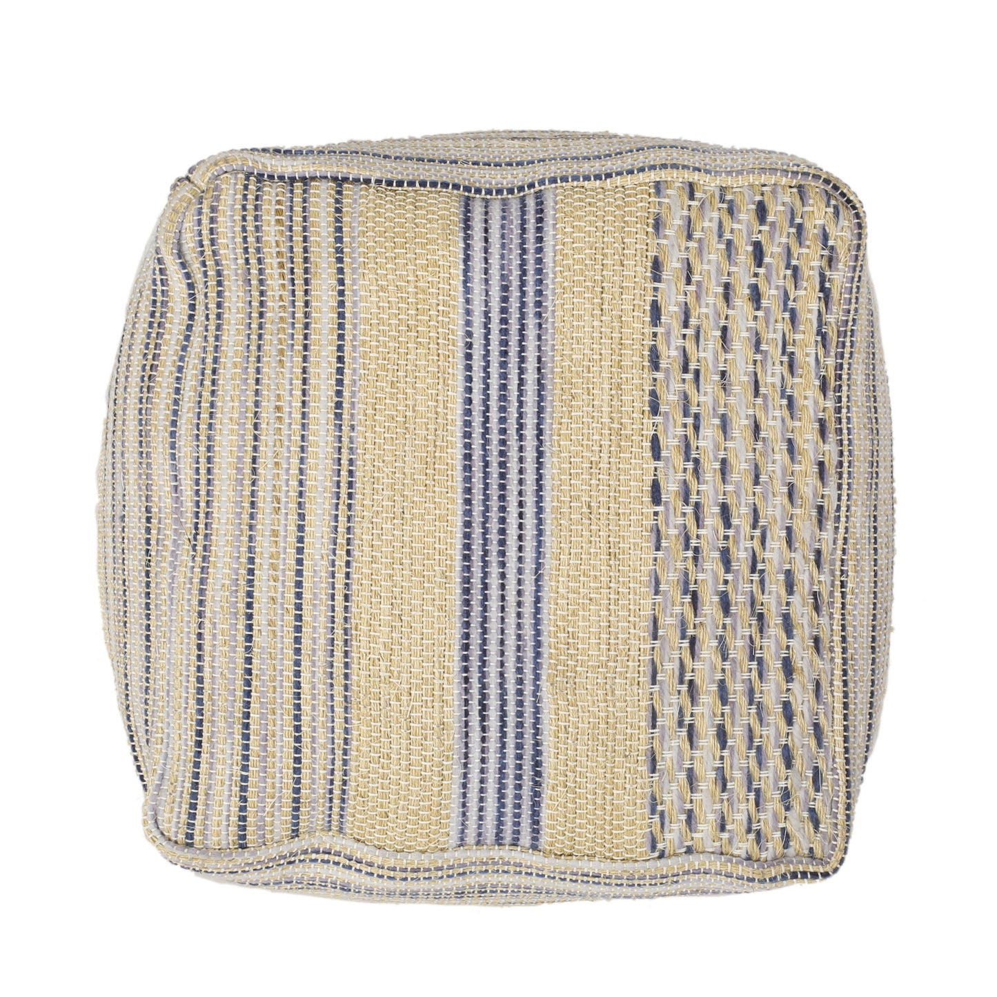 The Western Handcrafted Fabric Pouf features a square shape and durable woven fabric in natural and blue with beige, blue, and gray vertical and patterned stripes. Soft, slightly raised texture is visible from above.