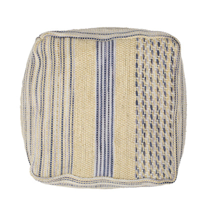 The Western Handcrafted Fabric Pouf features a square shape and durable woven fabric in natural and blue with beige, blue, and gray vertical and patterned stripes. Soft, slightly raised texture is visible from above.