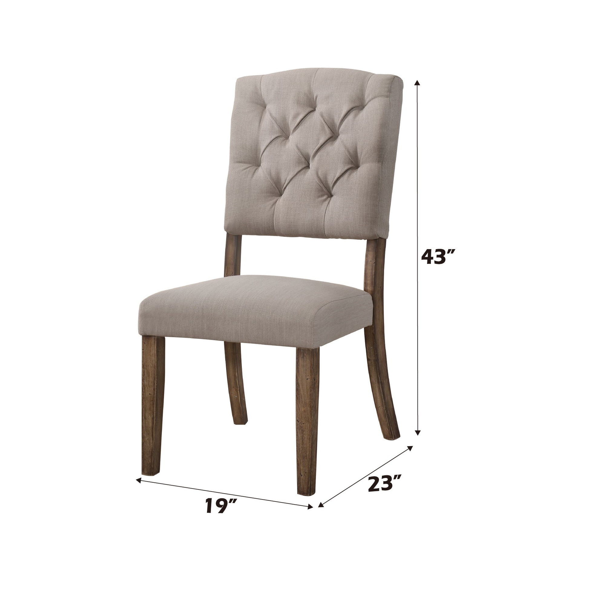 The Bernard - Weathered Side Chair (Set of 2) features a tufted beige upholstered backrest, wooden legs, and measures 43"H x 19"W x 23"D.