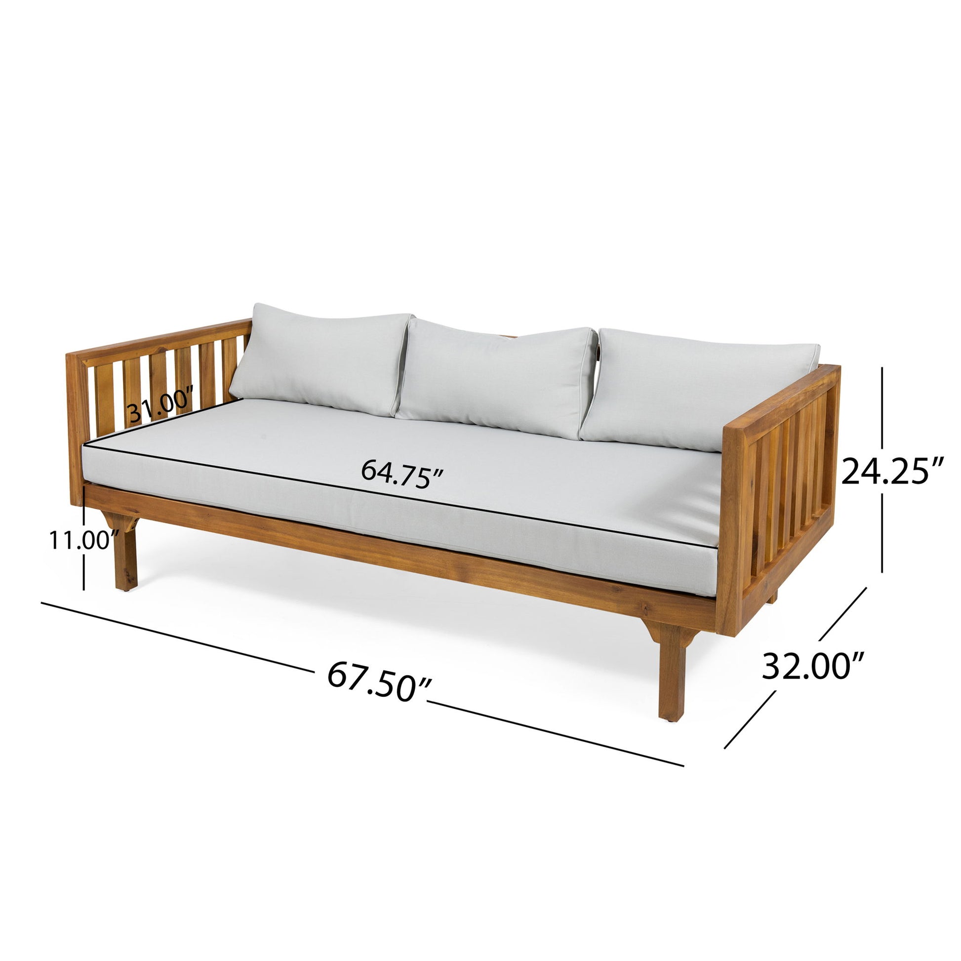 Claremont 3 Seater Daybed features teak acacia wood, water-resistant light gray cushions, three back pillows, and measures 67.5"W x 32"D x 24.25"H with a seat width of 64.75", seat height of 11", and armrest thickness of 3".