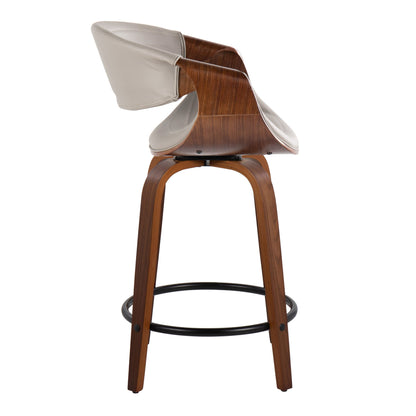 The Symphony Mid Century Modern Fixed Height Counter Stool features a curved wooden frame, beige padded seat and backrest, and a black round footrest, shown from the side. Set of 2 with swivel function.