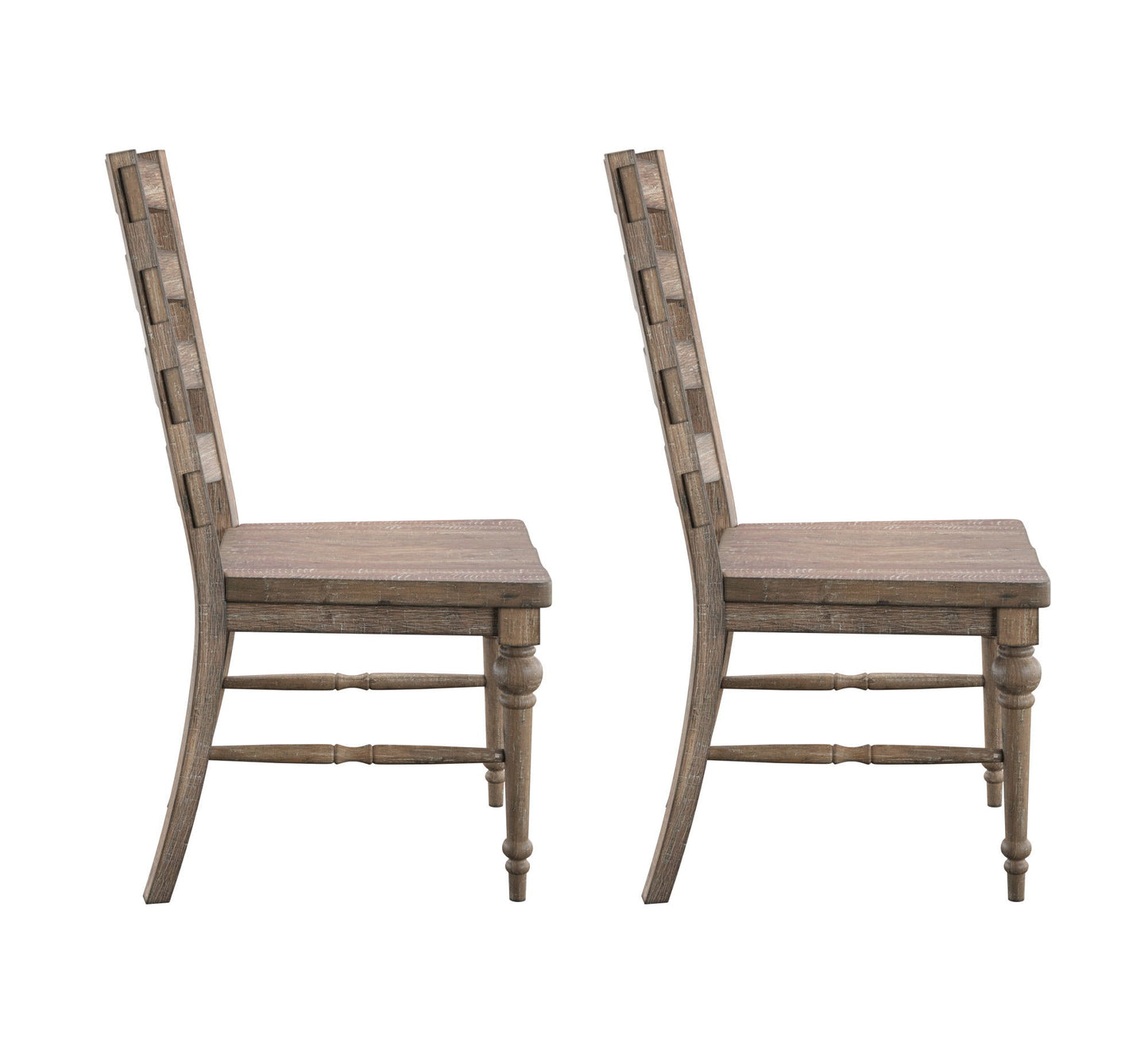 The Ludin Ladderback Dining Chairs, set of 2 in taupe, feature decorative ladder backs and straight legs, shown side by side in profile on a white background.