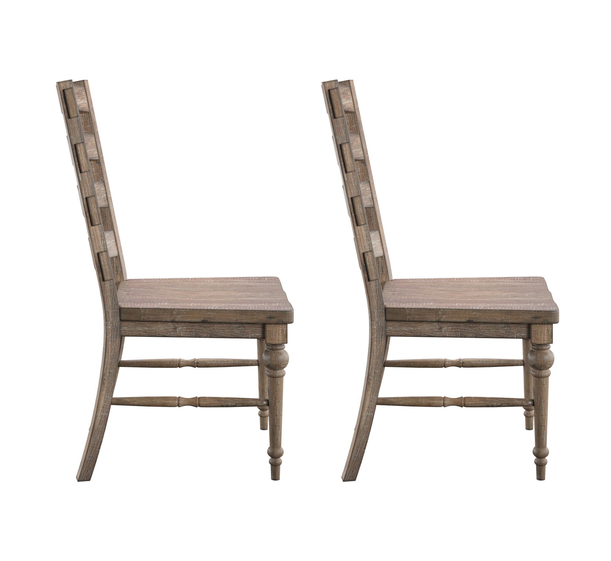 The Ludin Ladderback Dining Chairs, set of 2 in taupe, feature decorative ladder backs and straight legs, shown side by side in profile on a white background.