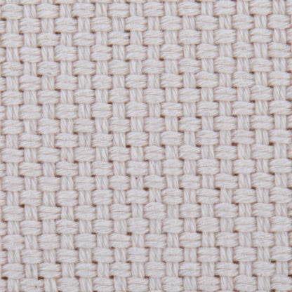 Close-up of the Large Round Pouf - Knitted Beige, featuring thick, tightly interlaced threads in a basket weave pattern. The textured surface has small, evenly spaced square holes for a distinct grid-like look.
