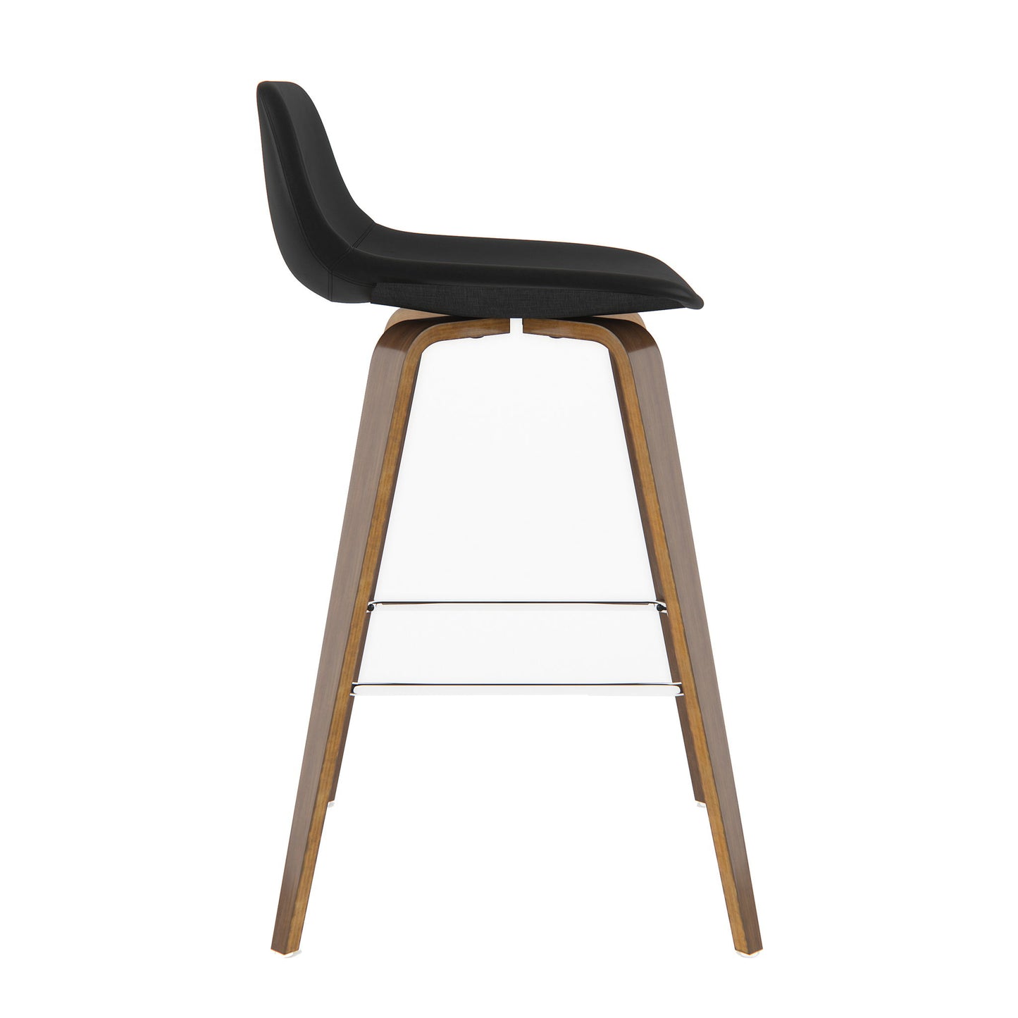 The Randolph Bentwood Counter/Bar Height Stool (Set of 2) features a modern design with a curved black seat and backrest, angled wooden legs, and dual chrome footrests, shown in side profile against a white background.