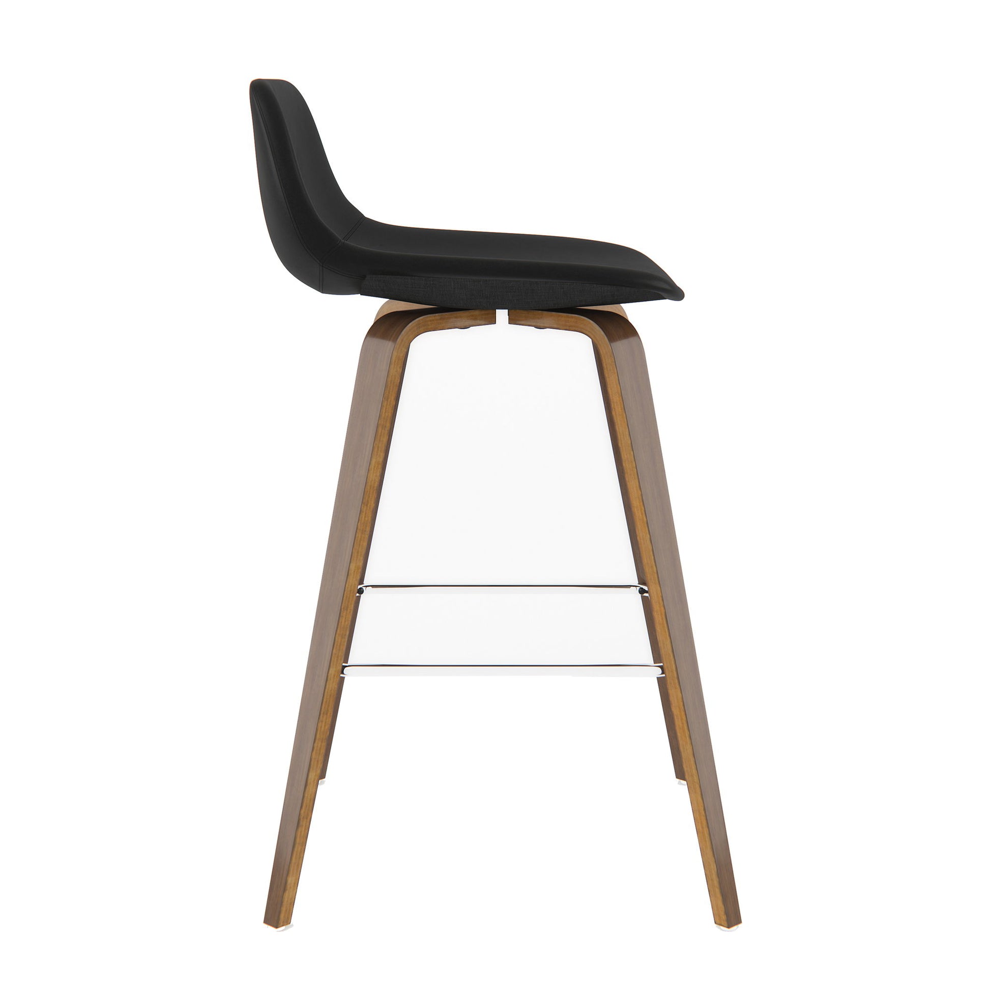 The Randolph Bentwood Counter/Bar Height Stool (Set of 2) features a modern design with a curved black seat and backrest, angled wooden legs, and dual chrome footrests, shown in side profile against a white background.