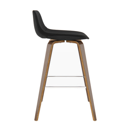 The Randolph Bentwood Counter/Bar Height Stool (Set of 2) features a modern design with a curved black seat and backrest, angled wooden legs, and dual chrome footrests, shown in side profile against a white background.