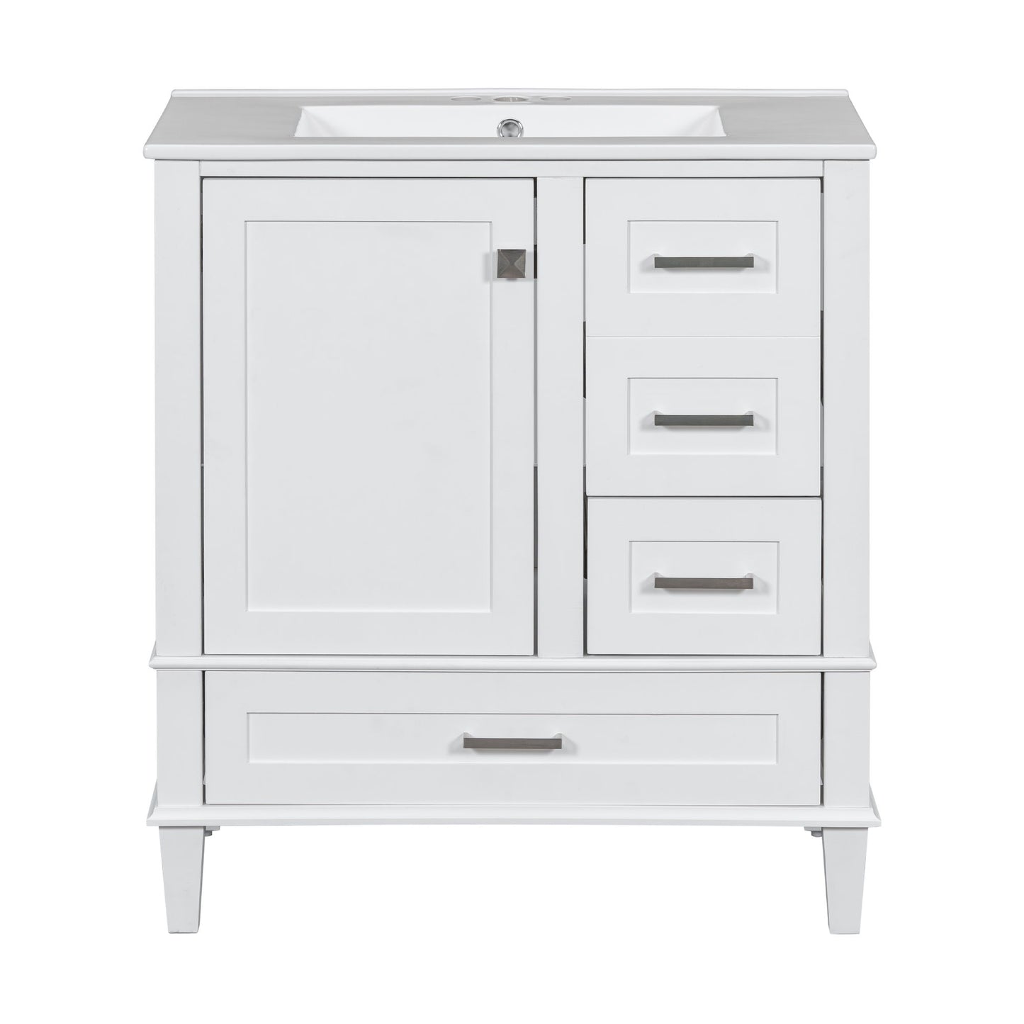 The Bathroom Vanity features a rectangular sink, a solid wood frame, one soft-closing cabinet door on the left, three drawers on the right, a larger bottom drawer, and silver handles for modern bathroom storage.