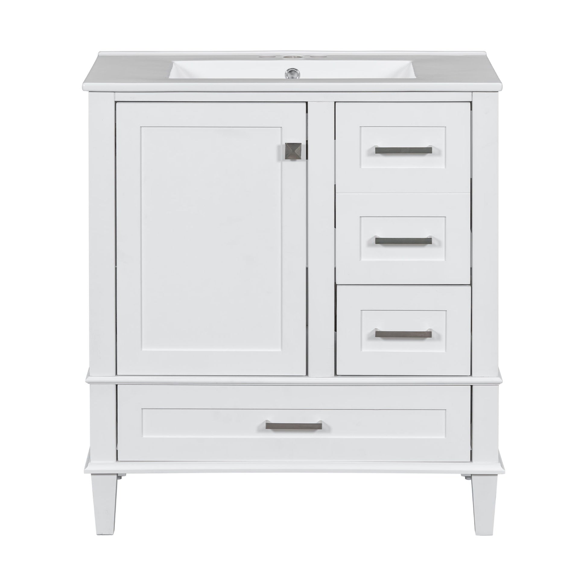 The Bathroom Vanity features a rectangular sink, a solid wood frame, one soft-closing cabinet door on the left, three drawers on the right, a larger bottom drawer, and silver handles for modern bathroom storage.