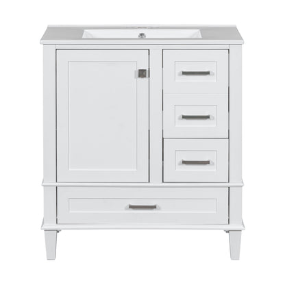The Bathroom Vanity features a rectangular sink, a solid wood frame, one soft-closing cabinet door on the left, three drawers on the right, a larger bottom drawer, and silver handles for modern bathroom storage.