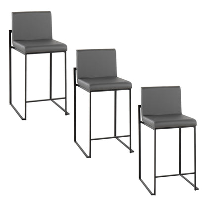 Three Fuji Contemporary Modern Elegance high back counter stools, featuring sleek gray metal frames and square seats, are arranged in a row on a white background. The stools showcase a minimalist design with straight legs and modern appeal.