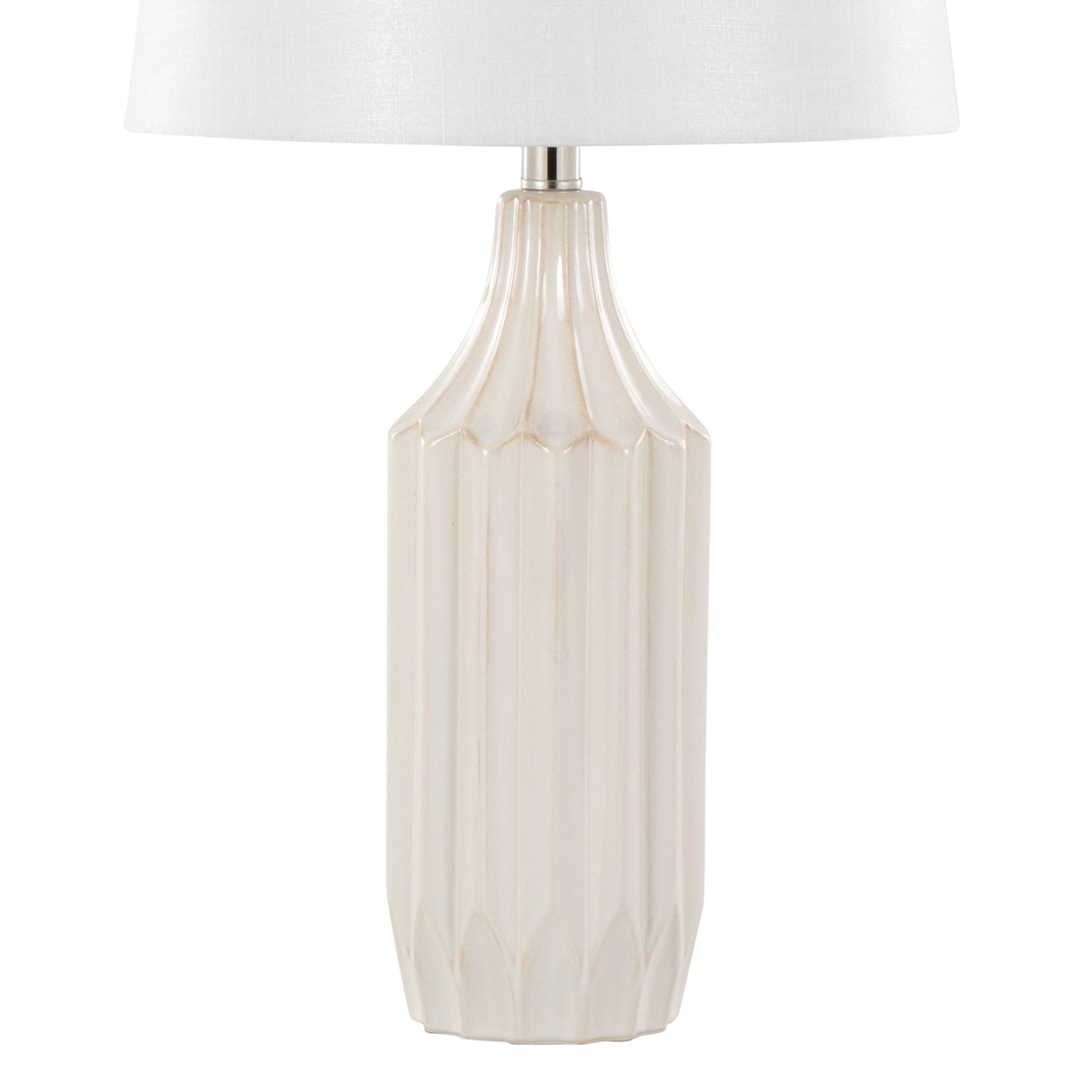 The Stella - Contemporary Table Lamp features a light beige, ribbed ceramic base and a simple white fabric shade.