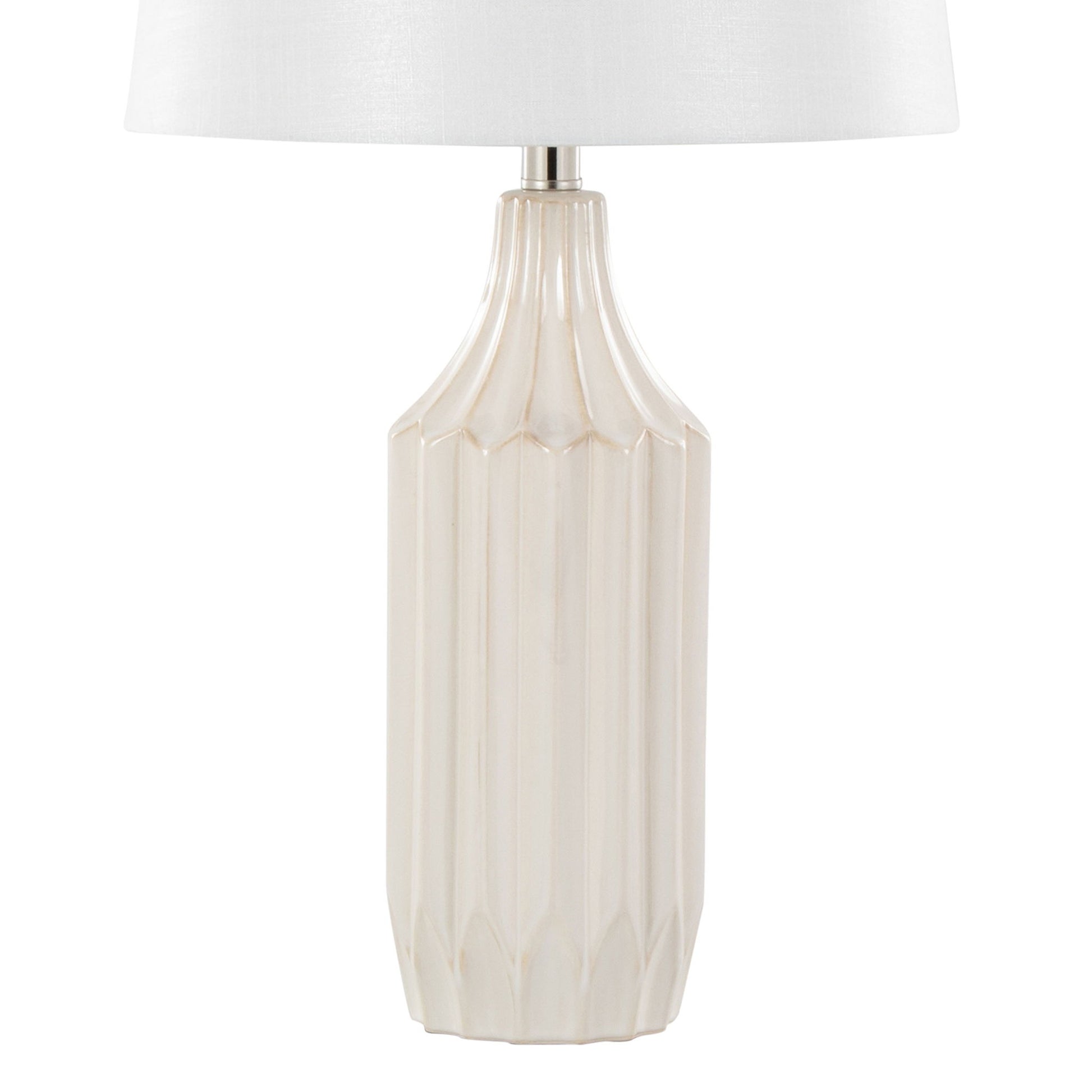 The Stella - Contemporary Table Lamp features a light beige, ribbed ceramic base and a simple white fabric shade.