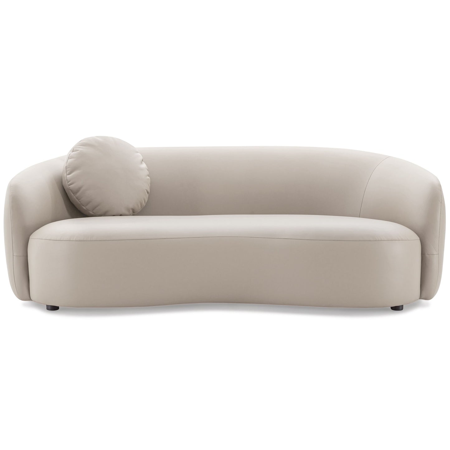 The Porter - Comfortable Sofa is a modern, light beige curved sofa with smooth upholstery and a single round matching pillow on the left, displayed against a plain white background.