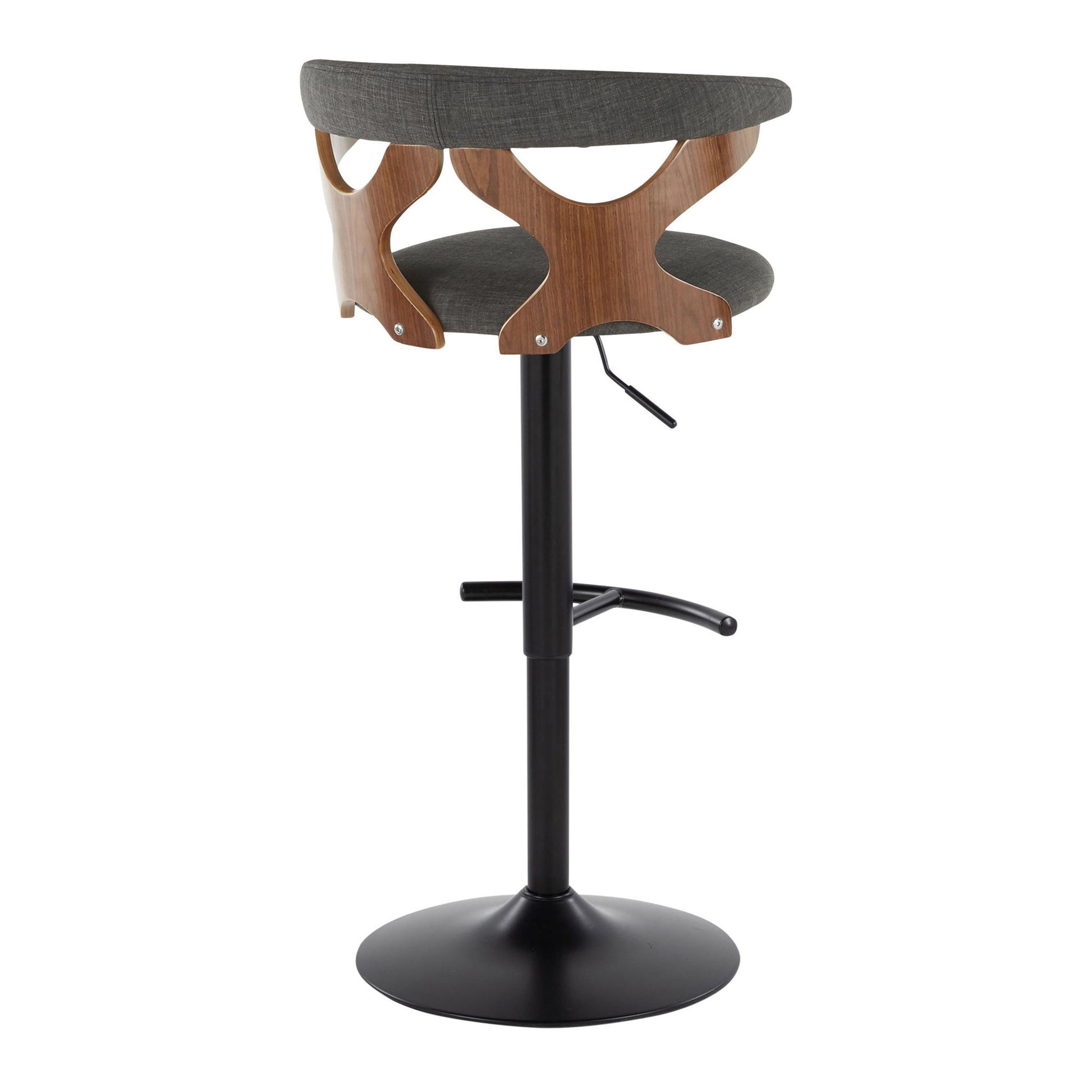 The Gardenia Contemporary Adjustable Barstool (Set of 2) features a swivel seat, rounded T footrest, black pedestal base, padded gray seat, and curved wooden backrest with cut-out details. Height adjusts via lever under the seat.