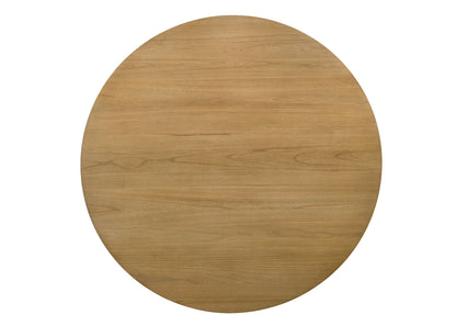 The Jasper Wide Contemporary Round Dining Table features a smooth, light brown wooden tabletop with subtle wood grain patterns, viewed from above.