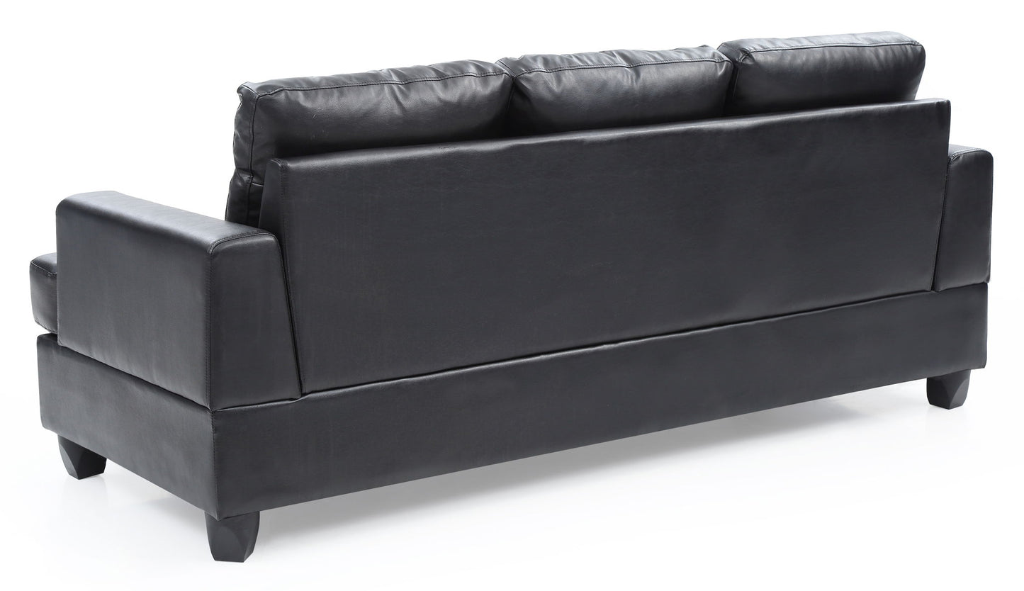 The Sandridge Sofa is shown in black leather from the back, featuring three back cushions, square arms, short block legs, and a sleek modern design.