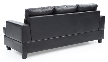 The Sandridge Sofa is shown in black leather from the back, featuring three back cushions, square arms, short block legs, and a sleek modern design.