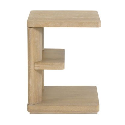 The Clove Chairside Table in tan features a light wood finish and a unique "E"-shaped design with three horizontal surfaces.