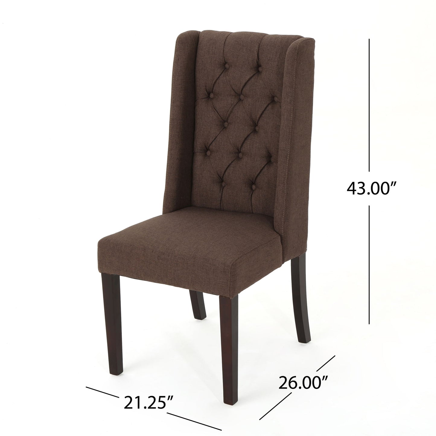 The Sophisticated Tufted Dining Chair With High Back Design features brown upholstery, a tufted backrest, winged sides, dark wooden legs, and measures 43"H x 26"D x 21.25"W.
