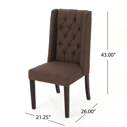 The Sophisticated Tufted Dining Chair With High Back Design features brown upholstery, a tufted backrest, winged sides, dark wooden legs, and measures 43"H x 26"D x 21.25"W.