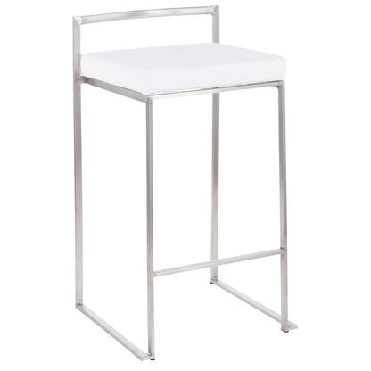 The Fuji Contemporary Elegant Stackable Counter Stool Set features a minimalist metal frame, square white cushioned seat, low straight back support, and an open modern design.