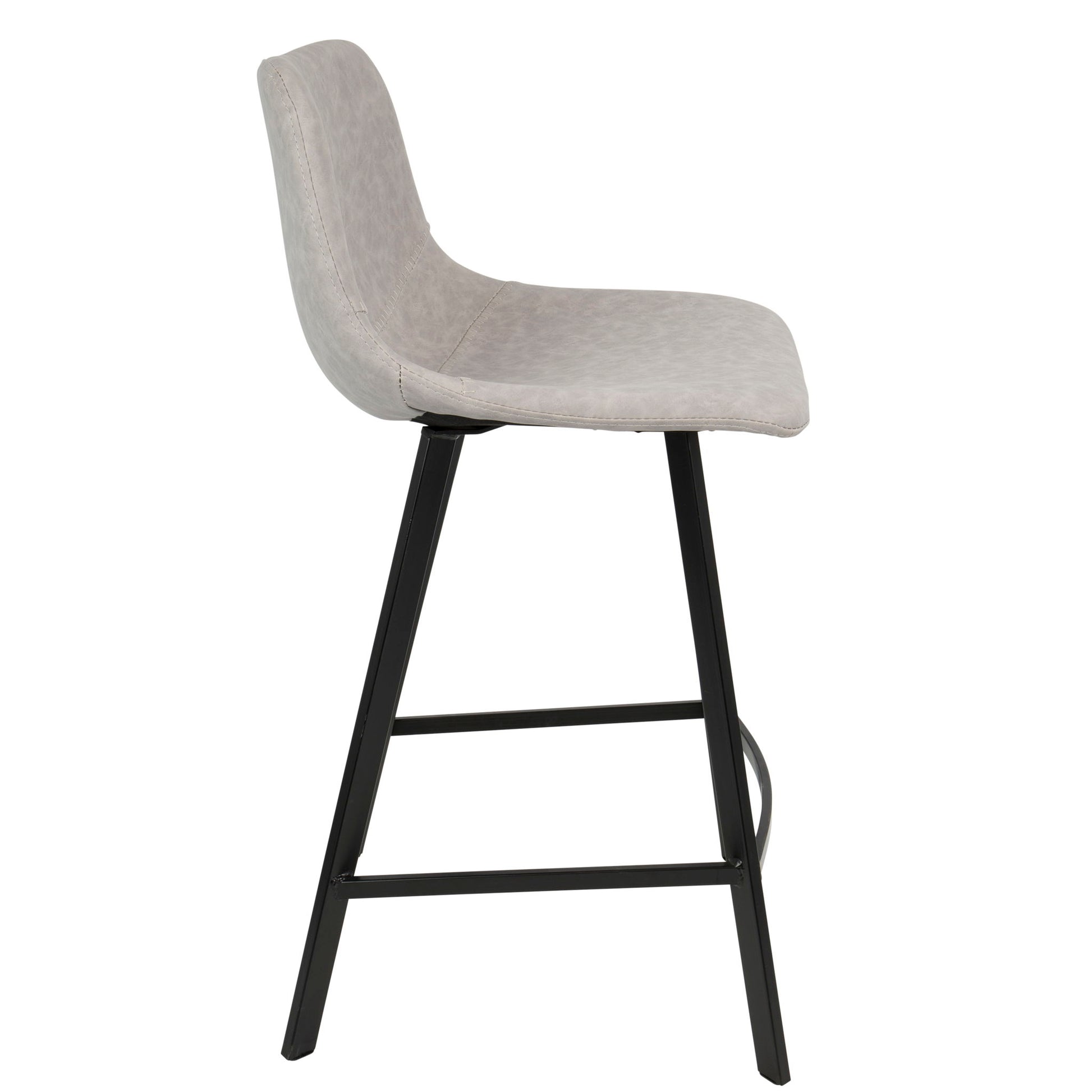 Side view of the Outlaw - Industrial Counter Stool (Set of 2) featuring a light grey cushioned seat and backrest, black metal legs, and a rectangular footrest.