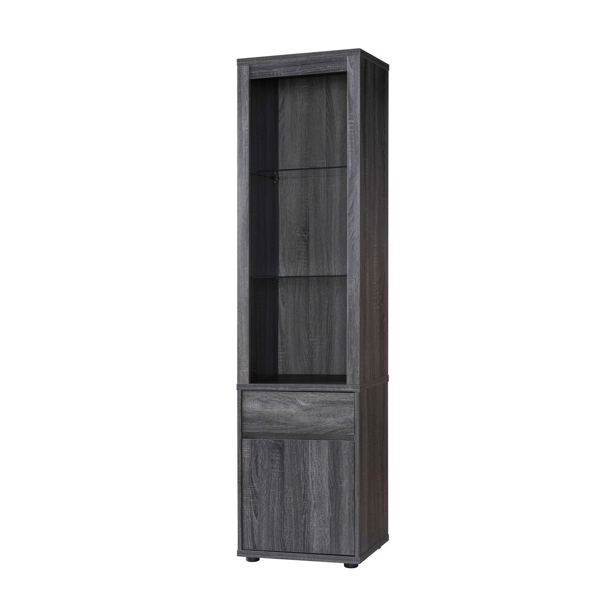 Modern Wine Showcasing Cabinet features a tall, rectangular dark wood design with two glass shelves on top and a closed storage cabinet at the bottom, all supported by small feet.