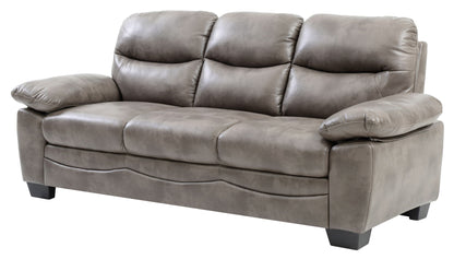 The Marta - Sofa is a three-seater gray leather piece with padded armrests and cushions, modern design, and short black legs.