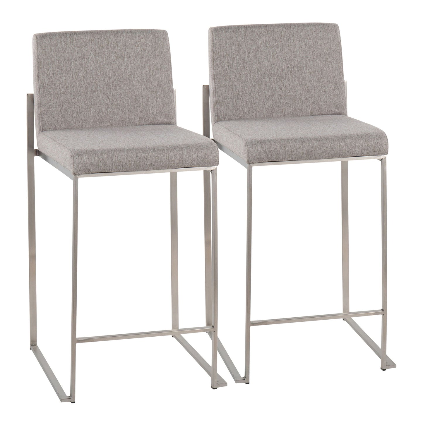 Two Fuji Contemporary High Back Counter Stools with light gray upholstered seats, slim silver metal legs, and a minimalist, functional design are placed side by side on a white background.