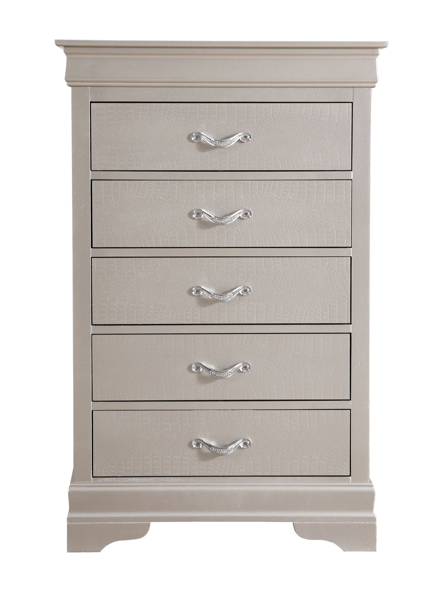 The Lorana Chest is a beige five-drawer dresser featuring silver handles, subtle textured drawer fronts, and short curved legs.