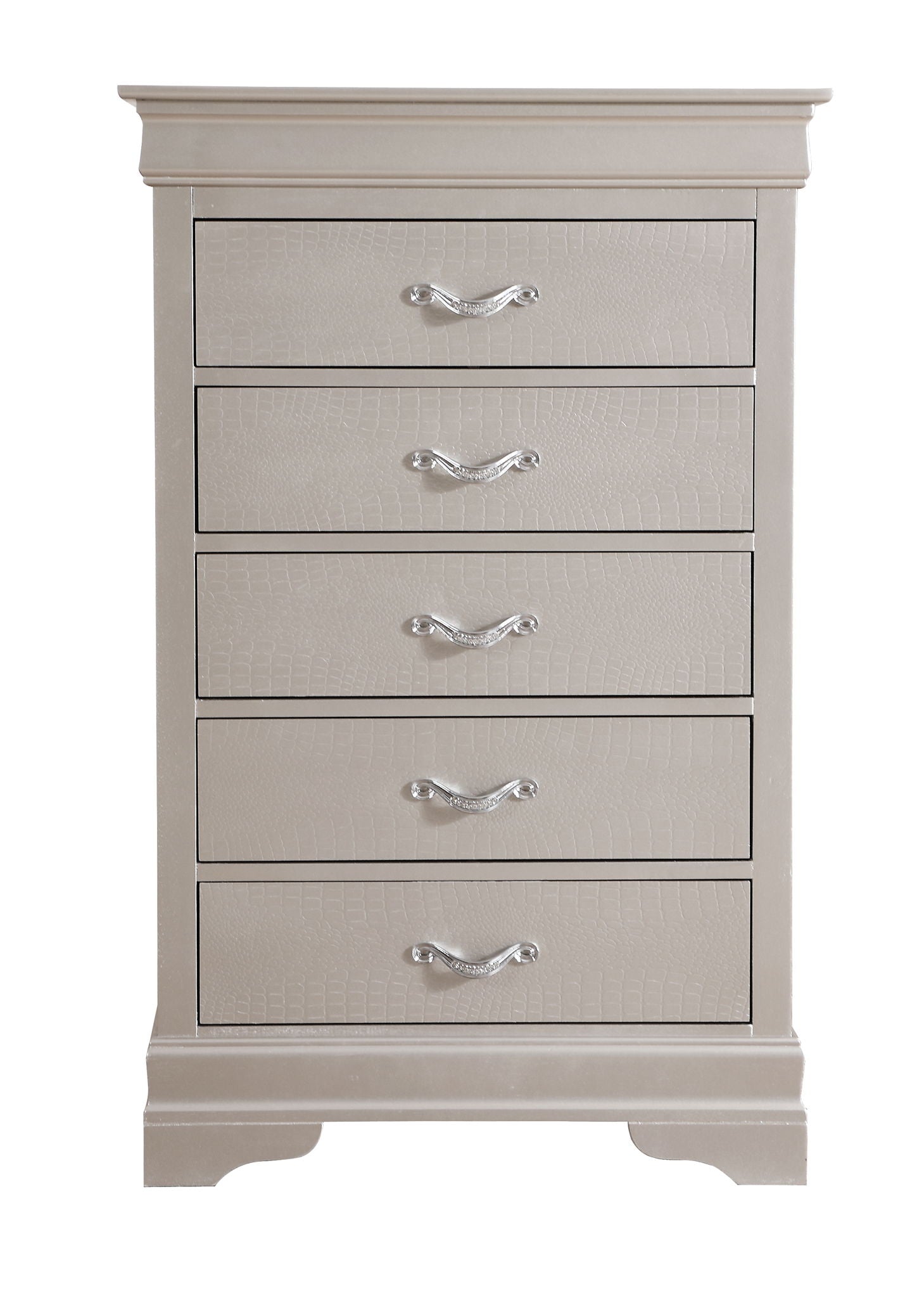 The Lorana Chest is a beige five-drawer dresser featuring silver handles, subtle textured drawer fronts, and short curved legs.