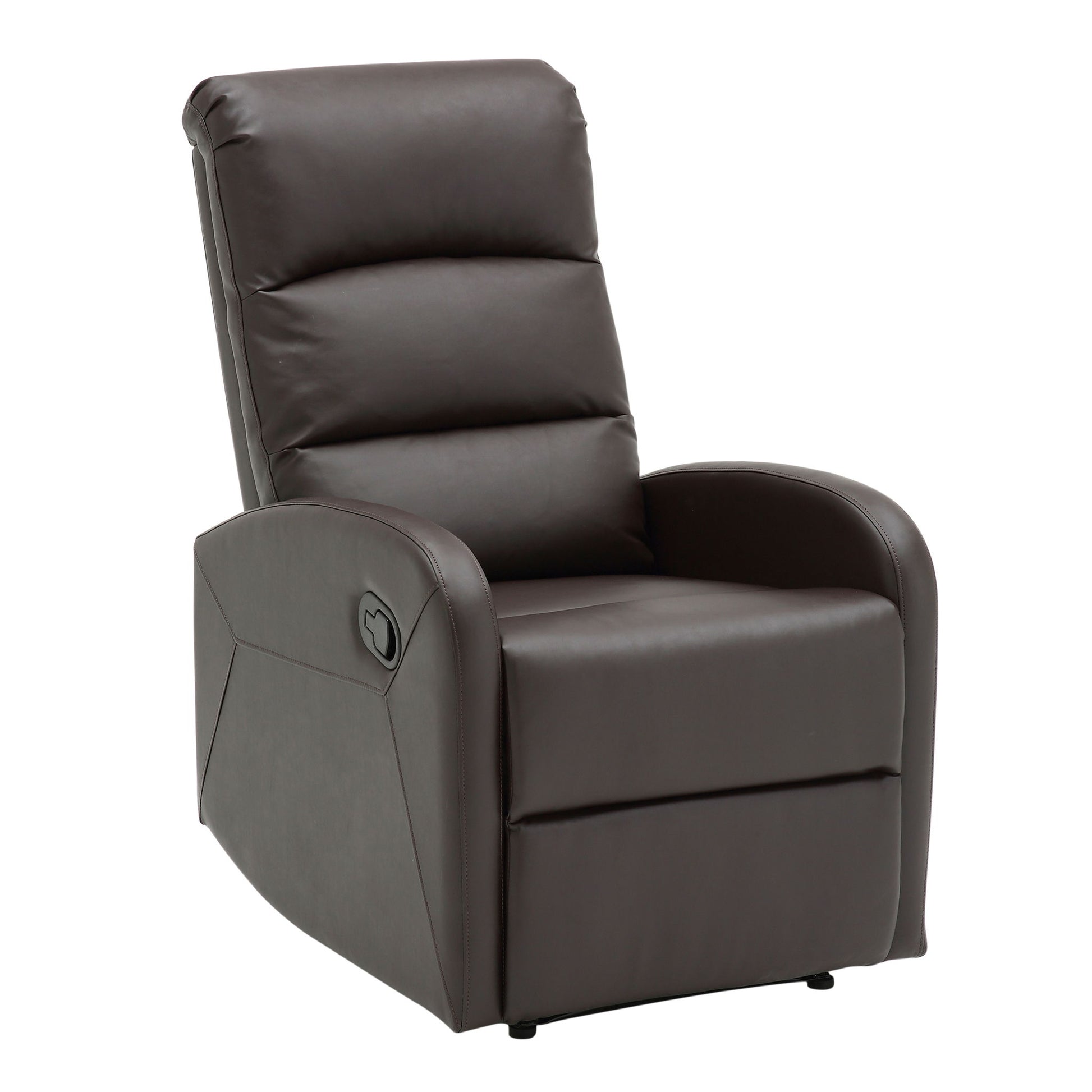 The Dormi - Contemporary Recliner Chair is a dark brown leather recliner with padded seat, backrest, and armrests. It features a modern cushioned design and a side lever for easy reclining.