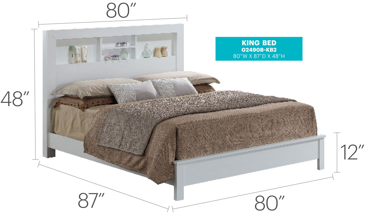 The Bed With Transitional Design Stylish is a white king-size bed with a headboard featuring built-in shelves, shown with bedding and pillows. Dimensions: 80"W x 87"D x 48"H; bed height from floor is 12".