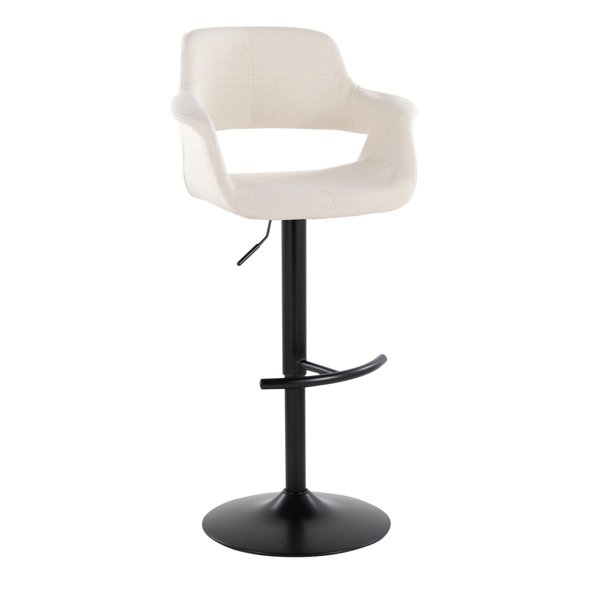The Vintage Flair Mid Century Modern Adjustable Barstool (Set of 2) features cream cushioned seats, a curved backrest with armrests, and a black metal base with swivel, rounded T footrest, and height adjustment lever.