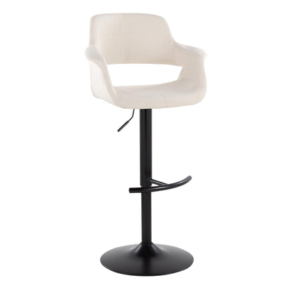 The Vintage Flair Mid Century Modern Adjustable Barstool (Set of 2) features cream cushioned seats, a curved backrest with armrests, and a black metal base with swivel, rounded T footrest, and height adjustment lever.