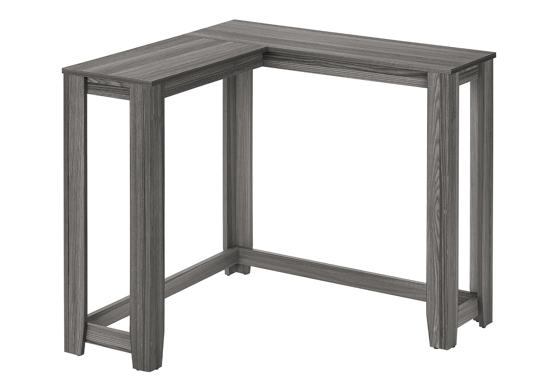 The Corner Accent Console Table for Entryway features a unique, contemporary L-shaped design in gray wood, with four straight legs and a smooth surface—perfect for minimalist modern decor.