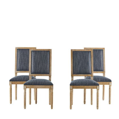 Four French Country Style Dining Chairs with blue upholstered seats and fluted legs are arranged in pairs against a plain white background, featuring classic square backs.
