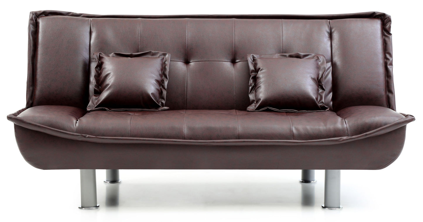 Lionel - Sofa Bed in dark brown leather with two matching square cushions, tufted backrest, and sleek silver metal legs, displayed against a white background.