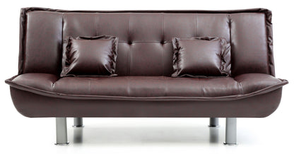 Lionel - Sofa Bed in dark brown leather with two matching square cushions, tufted backrest, and sleek silver metal legs, displayed against a white background.