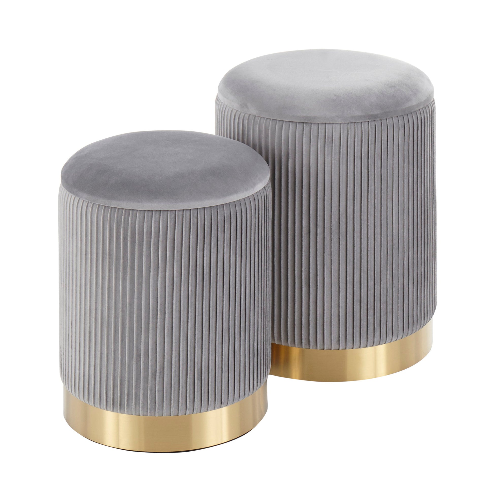 The Marla Contemporary Nesting Pleated Ottoman Set features two round, gray velvet ottomans with vertically pleated sides and gold metallic bases, shown side by side on a white background.